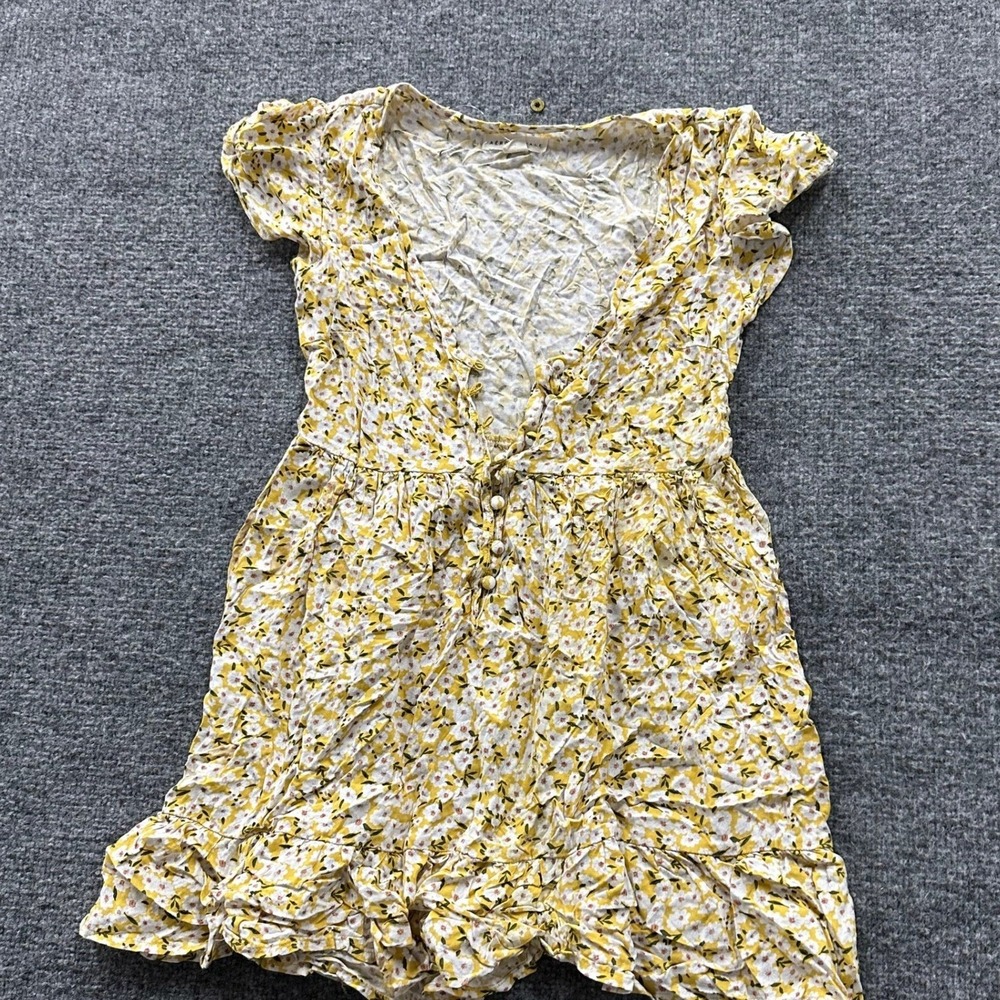 Aeropostale Romper Womens XS Yellow Floral V-Neck Button Front Ruffle Casual